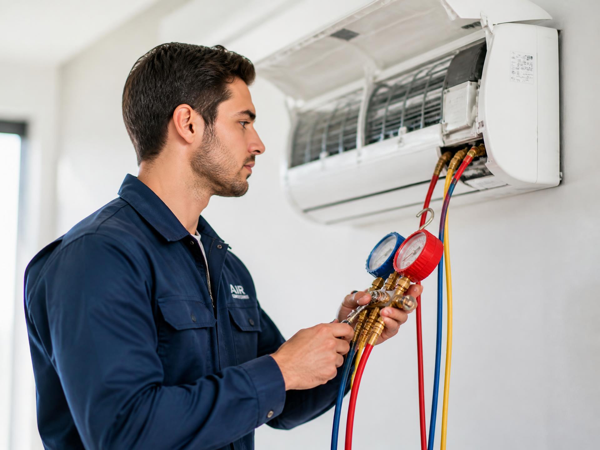 Técnico realizando manutenção em ar-condicionado split residencial